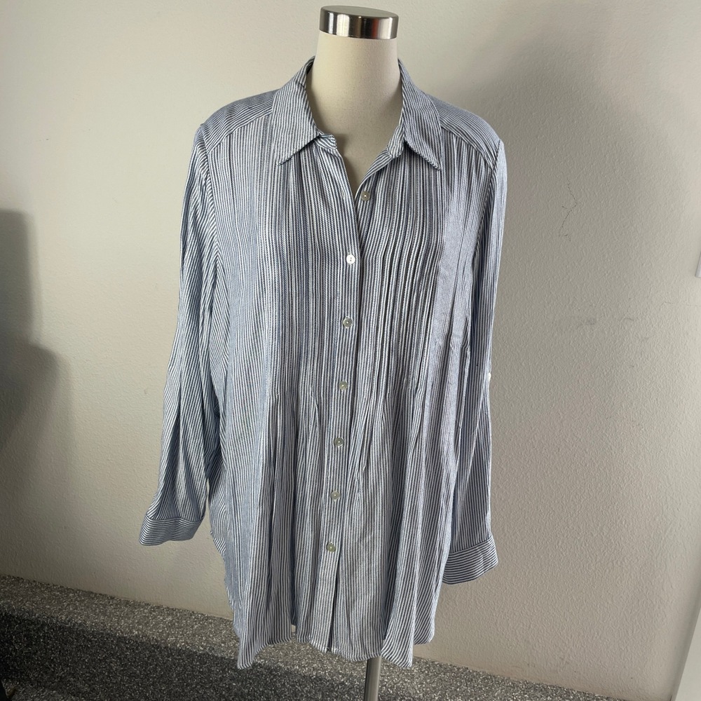 Jane and Delancey Womens Plus 1X Blue White Striped Pintuck Button Up Tunic Top